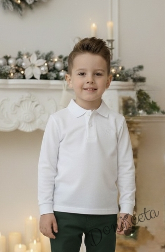 Детска блуза с дълъг ръкав за момче в бяло с яка