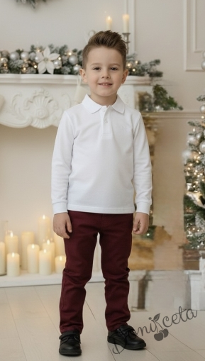  Комплект за момче от 2 части-блуза в бяло с якичка и панталон в бордо
