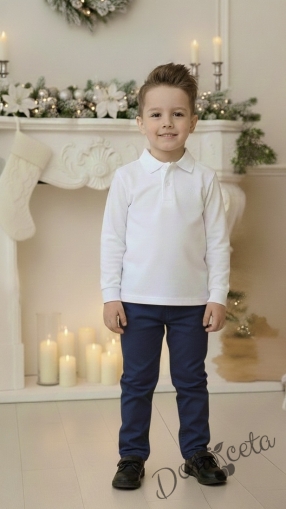  Комплект за момче от 2 части-блуза в бяло с якичка и панталон в тъмносиньо