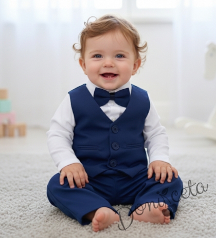 Бебешки официален комплект в синьо с боди-риза в бяло, панталон, елек и папийонка 