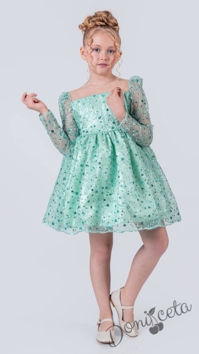 Официална детска рокля в тюркоаз с блясък с дълъг ръкав Естелка