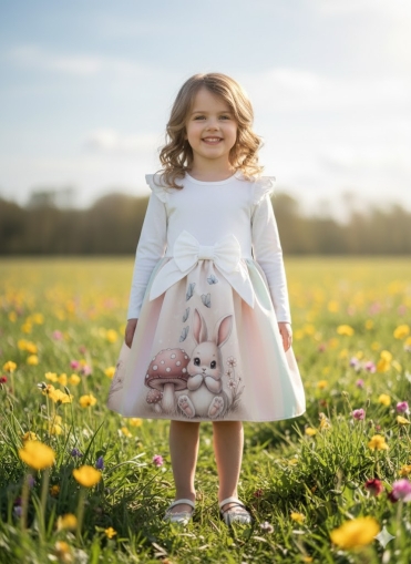 Бебешка/детска рокля в бяло с къдрички, панделка и зайче