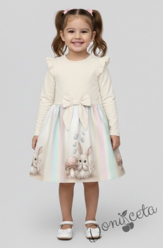Детска рокля с дълъг ръкав в екрю с къдрички, панделка и зайче