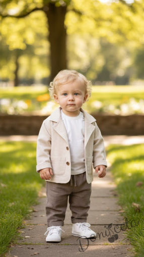 Официален комплект за момче от 3 части-сако и панталон в бежово и блуза в бяло 