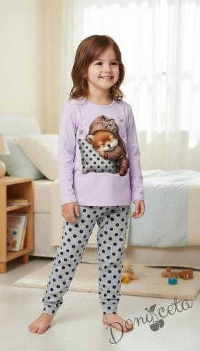 Детска пижама за момиче с горна част в лилаво с картинка и долнище в сиво на точки