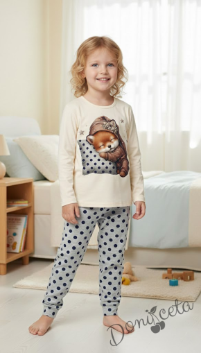 Детска пижама за момиче с горна част в екрю с картинка и долнище в сиво на точки
