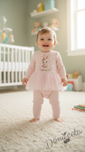 Бебешки рипсен комплект от 2 части- боди в розово с тюл и картинка зайче и панталонки 