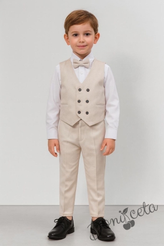 Елегантен костюм в бежово за момче от 4 части елек с два реда копчета, риза в бяло, панталон и папийонка  от колекция Бежина