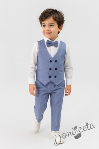 Елегантен комплект за момче в светлосиньо от 4 части панталон, елек с два реда копчета, риза в бяло и папийонка от колекция Светлосияна