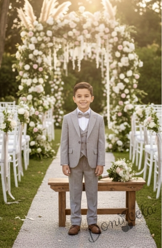 Официален костюм в сиво за момче от 5 части с риза, сако, елек, панталон и папийонка 