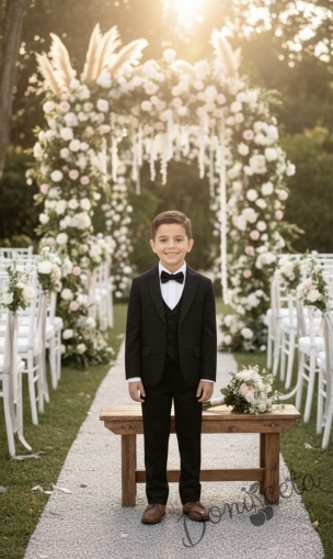 Елегантен официален детски костюм за момче от 5 части в черно-сако, панталон, елек, риза и папийонка от колекция Черновина