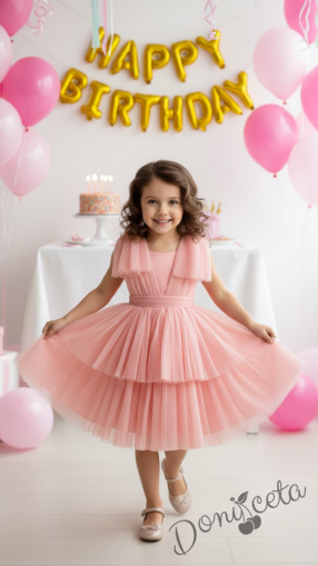 Официална празнична детска рокля с тюл в прасковено