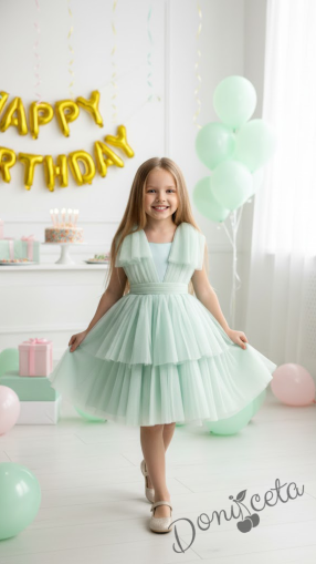 Официална празнична детска рокля с тюл в цвят тюркоаз