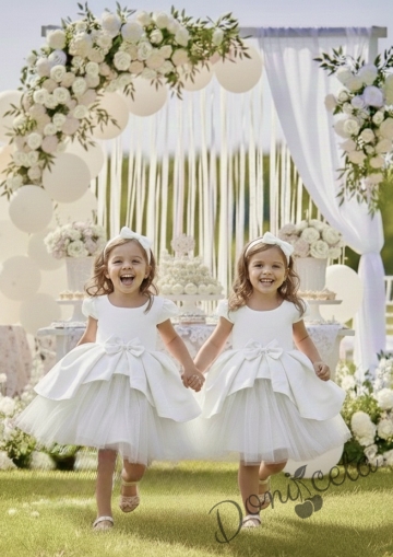  Официална детска рокля от плат Мариска с къс ръкав в екрю и тюл 