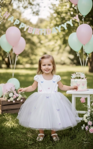  Официална детска рокля Пепелина с къс ръкав в екрю и 3D цветни пеперудки