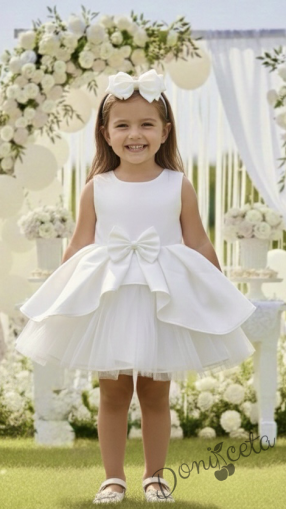  Официална детска рокля от плат Мариска без ръкав в бяло и тюл 