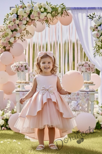  Официална детска рокля от плат Мариска без ръкав в прасковен цвят с тюл и шлейф