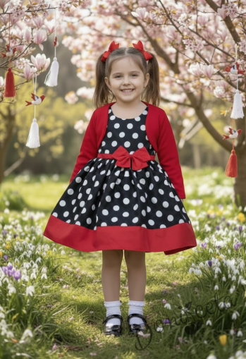 Комплект от детска рокля в черно на бели точки с червена лента и панделка с болеро в червено