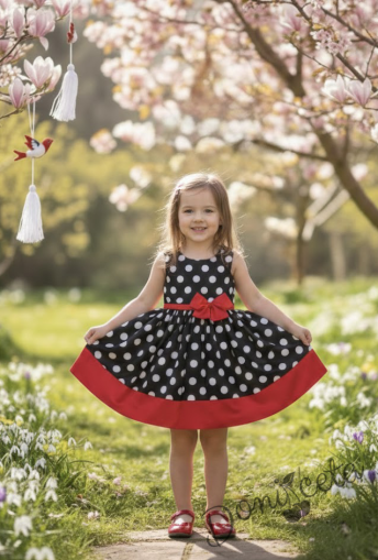  Детска рокля в черно на бели точки с червена лента и панделка без ръкав 