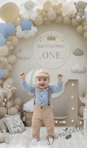 Официален комплект за момче от 5 части - риза в синьо с орнаменти, панталони с тиранти, папийонка и барета в бежово 41542103  от колекция Бежина