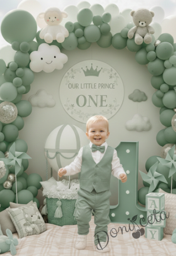 Бебешки комплект за момче от 4 части - риза в бяло, панталон, елек и папийонка в зелено