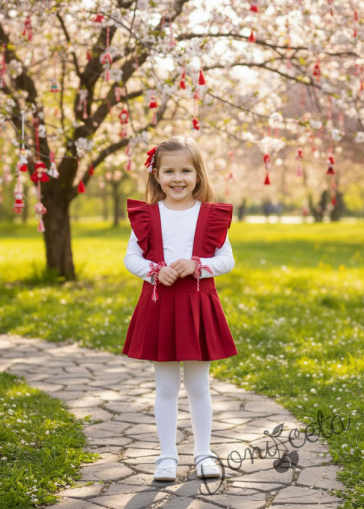 Комплект за момиче от сукман с къдрички в червено и бяла блузка с дълъг ръкав 