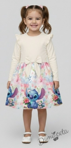 Детска рокля с дълъг ръкав в екрю с къдрички, панделка и Стич