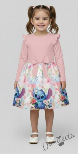 Детска рокля с дълъг ръкав в цвят розов с къдрички, панделка и Стич