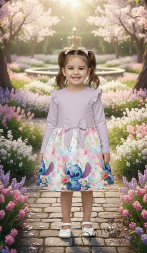 Детска рокля в пепел от рози с къдрички, панделка и Стич