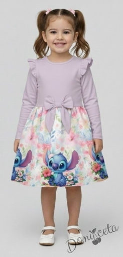 Детска рокля в лилаво с къдрички, панделка и Стич