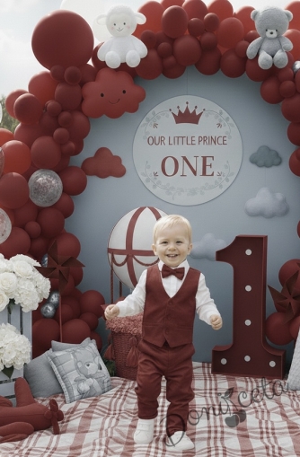 Стилен официален комплект в бордо за момче от 4 части елек, риза в бяло, панталон и папийонка от колекция Бордолина