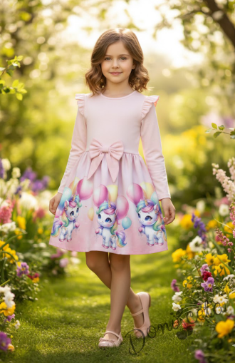 Детска рокля с дълъг ръкав в цвят пудра с къдрички, панделка и еднорог