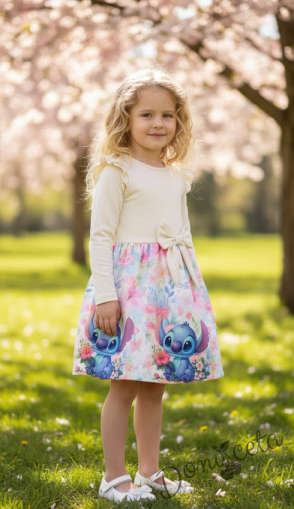 Детска рокля с дълъг ръкав в екрю с къдрички, панделка и Стич