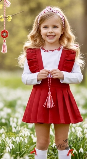 Детски Комплект трико за момиче от сукман в червено Гери с къдрички  и бяла блузка с дълъг ръкав с къдрички с червен завършек