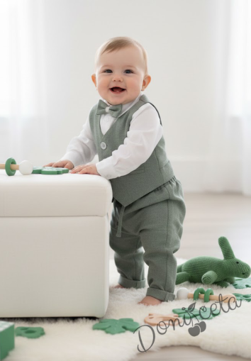 Бебешки комплект от 4 части боди-риза в бяло, панталон, елек и папийонка в зелено