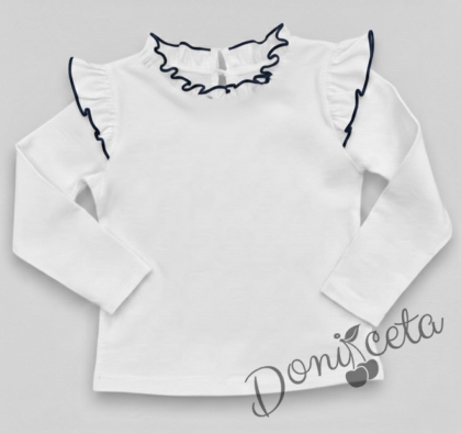 Блуза за момиче в бяло с къдрички и кант в черно