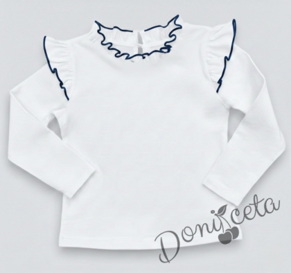 Блуза за момиче в бяло с къдрички и кант в тъмносиньо