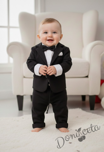 Бебешки комплект за момче от 4 части- боди-риза в бяло с панталон, сако и папийонка в черно