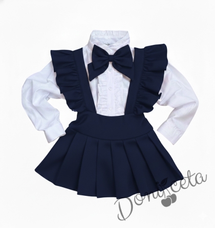 Комплект за момиче от 3 части- сукман Гери в тъмносиньо с плисирана пола, риза в бяло с дълъг ръкав и къдрички и панделка в черно