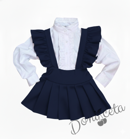 Комплект за момиче от плисиран сукман Гери трико в тъмносиньо и риза в бяло с дълъг ръкав с висока яка