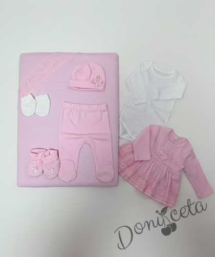 Комплект за изписване за момиче от 7 части в розово с дантела