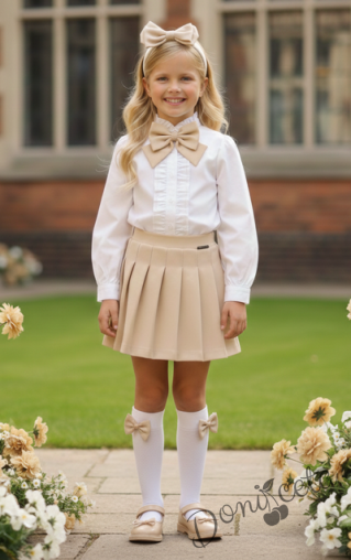 Комплект за момиче от 4 части-пола Гери в бежово, риза с дълъг ръкав в бяло с къдрички, панделка в бежово и чорапи с панделка