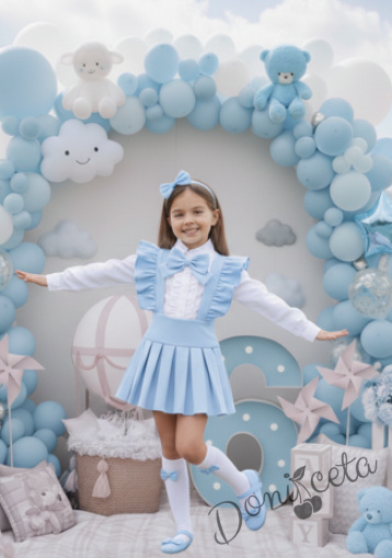 Комплект за момиче от 3 части- сукман Гери в светлосиньо с плисирана пола, риза в бяло с дълъг ръкав и къдрички и панделка в  светлосиньо