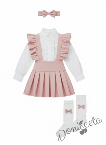 Комплект за момиче от 4 части- сукман Гери в розово с плисирана пола, риза в бяло с дълъг ръкав и къдрички , чорапки и диадема в  розово