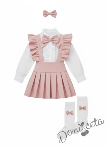 Комплект за момиче от 5 части- сукман Гери в розово с плисирана пола, риза в бяло с дълъг ръкав и къдрички ,панделка за ризка и чорапки и диадема в  розово