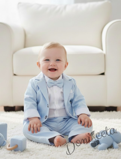 Бебешки комплект за момче от 4 части- боди-риза в бяло с панталон, сако и папийонка в светлосиньо