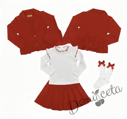 Комплект от пола Гери и сако в червено, блузка с дълъг ръкав  обкрайчена с червено и чорапи  в бяло с панделка