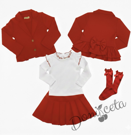 Комплект от пола Гери и сако в червено, блузка с дълъг ръкав  обкрайчена с червено и чорапи с панделка