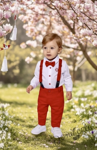 Официален детски комплект за момче от панталон в червено, риза в бяло, тиранти и папийонка от колекция Червеника