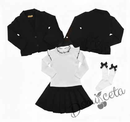 Комплект 4 части от пола Гери и сако в черно, блузка с дълъг ръкав  обкрайчена с черно и чорапи в бяло с панделки в черно